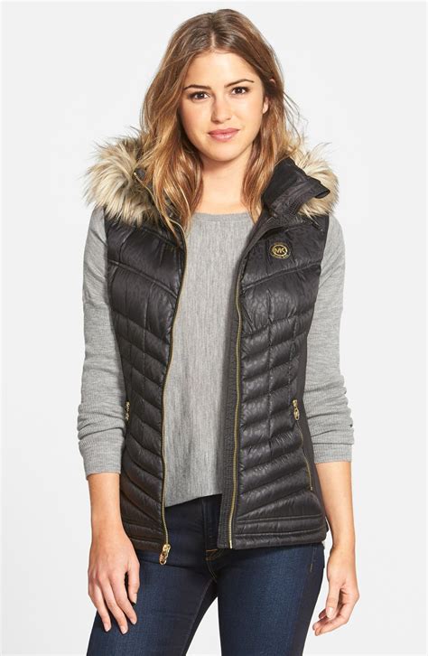 michael kors black faux fur vest|Michael Kors hooded vest.